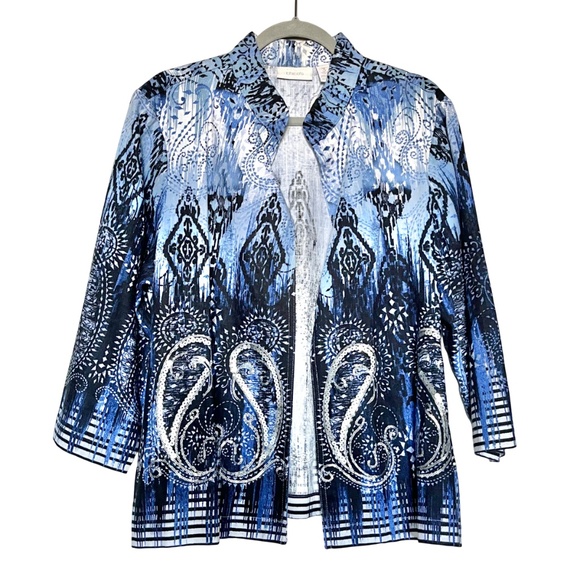 Chico's Linen-Blend Blue Ombre Sequin Paisley Open front Jacket Size 3 - Picture 1 of 9